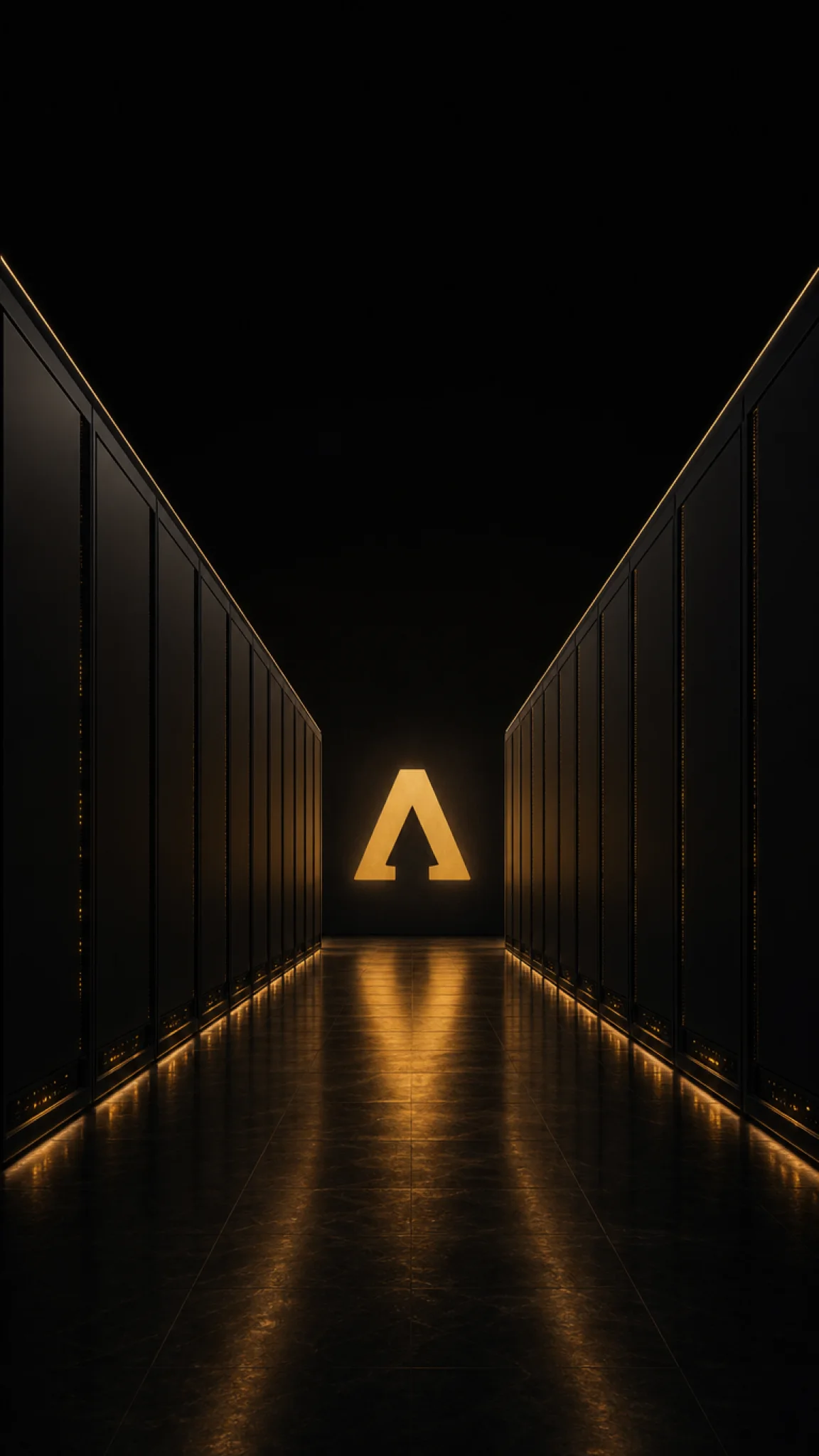 A sovereign data centre hall at dusk with a glowing gold apex mark, then golden light raining onto an obsidian foundation block, then a dark globe wrapped in golden connection arcs